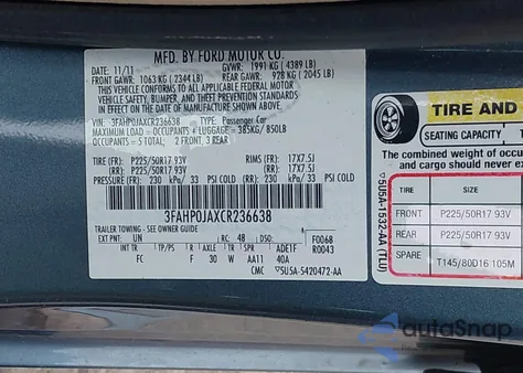 2012 Ford Fusion Sel from USA, damaged, VIN 3FAHP0JAXCR236638